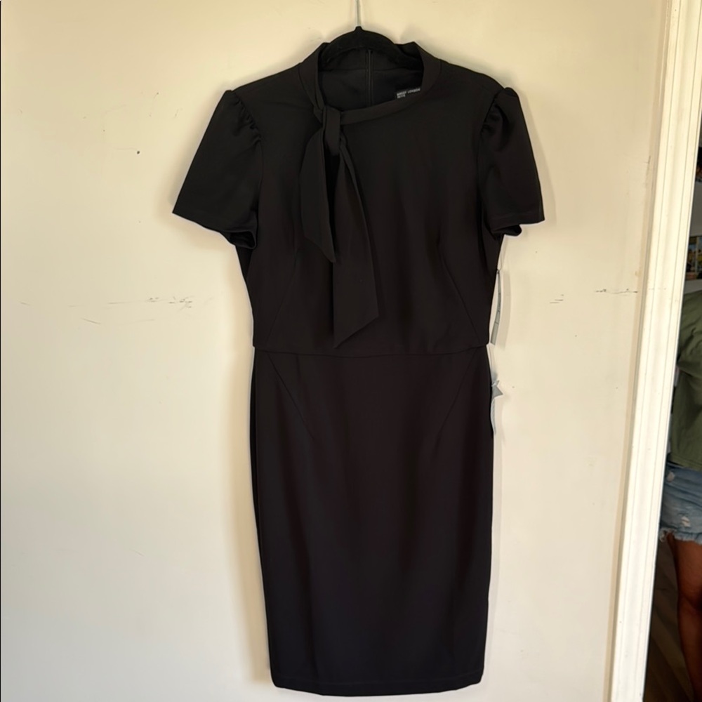 Maggy‎ London Black Sheath Dress Petite 10 Tie Neck Short Sleeve NWT